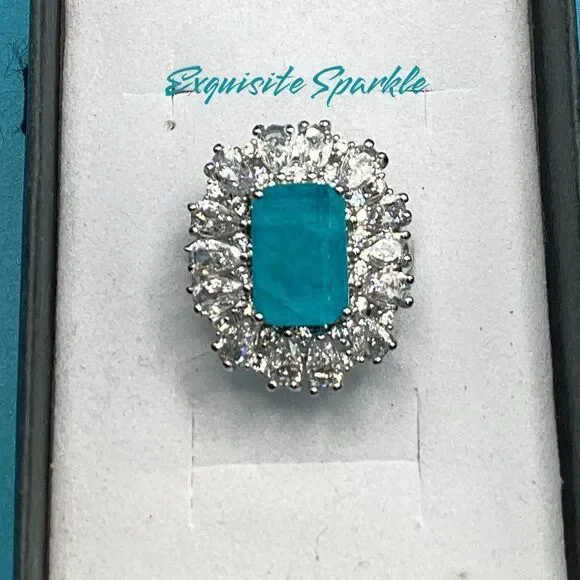 Gorgeous Vintage-Inspired Simulated Paraiba Tourmaline & CZ Halo Statement Ring